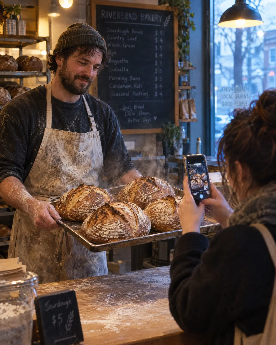 Baker holding a tray of sourdough loaves while a customer photographs them with her phone