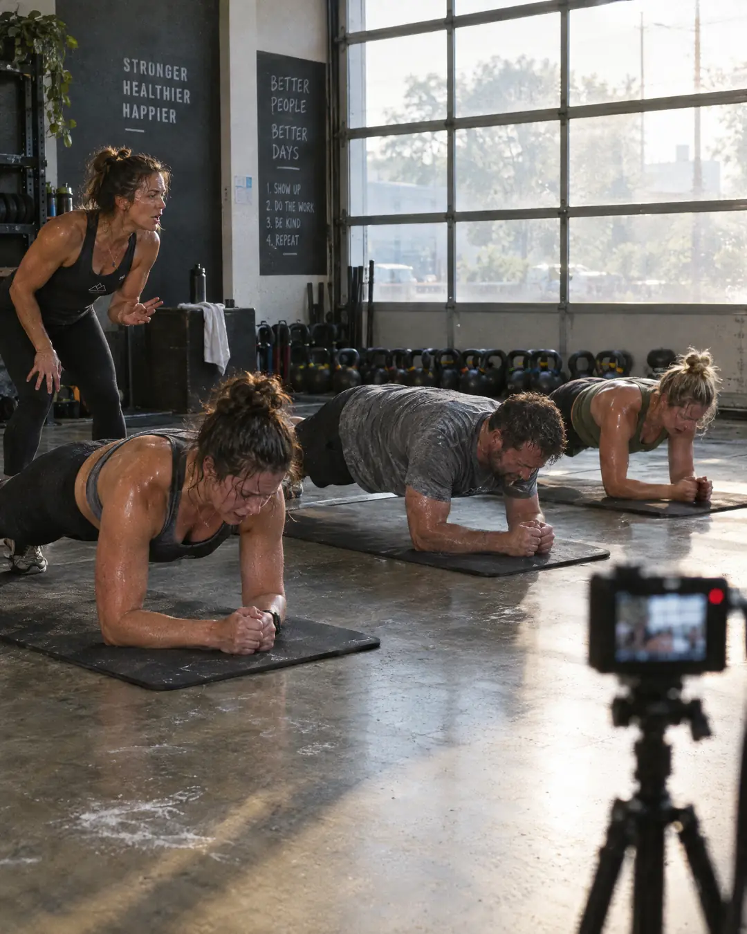 Coach leading a plank class in a boutique fitness studio while a camera records