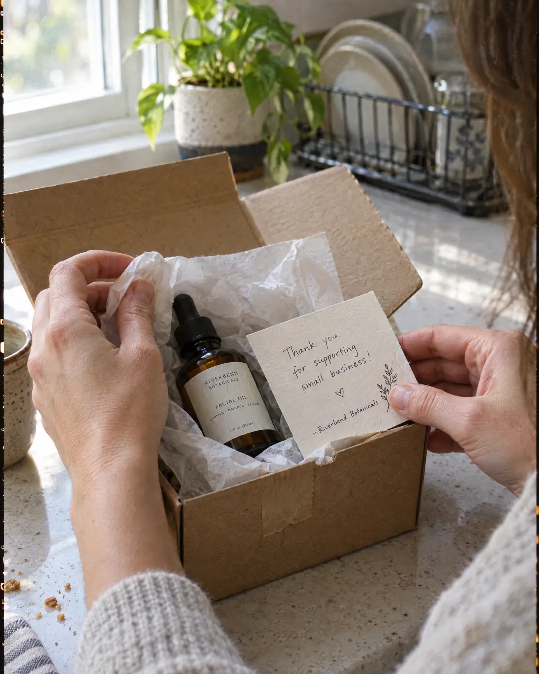 Customer unboxing a skincare order with a handwritten thank-you card